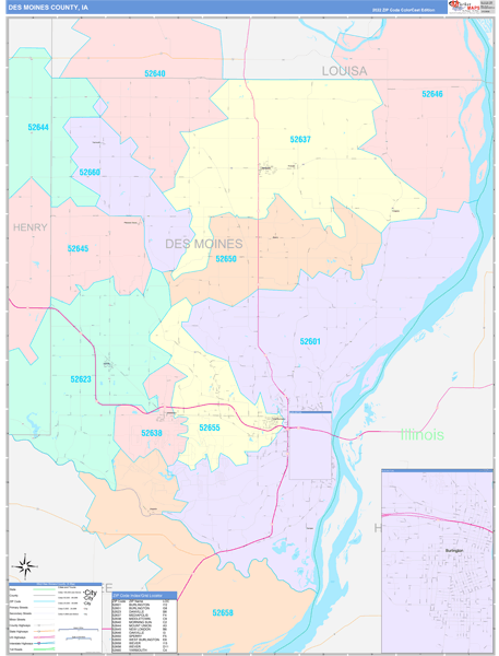 Des Moines County, IA Zip Code Map